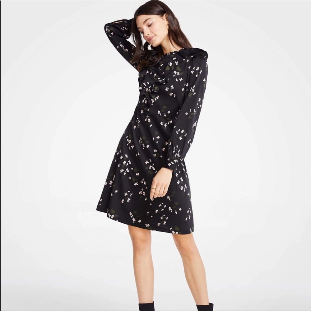 Long Sleeve Black Floral Ruffle Dress